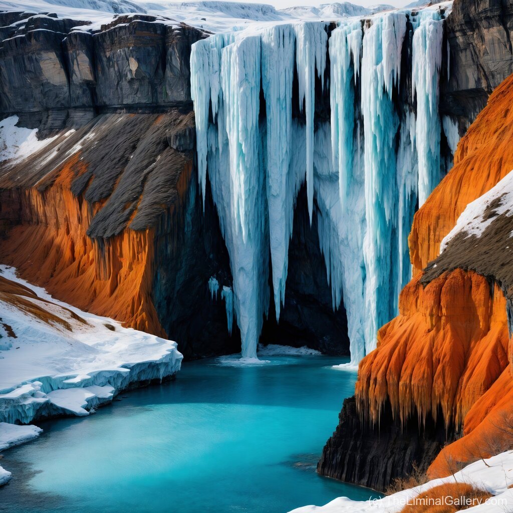 A surreal cascade where frozen and fiery elements merge in harmony, creating a mesmerizing contrast of extremes.